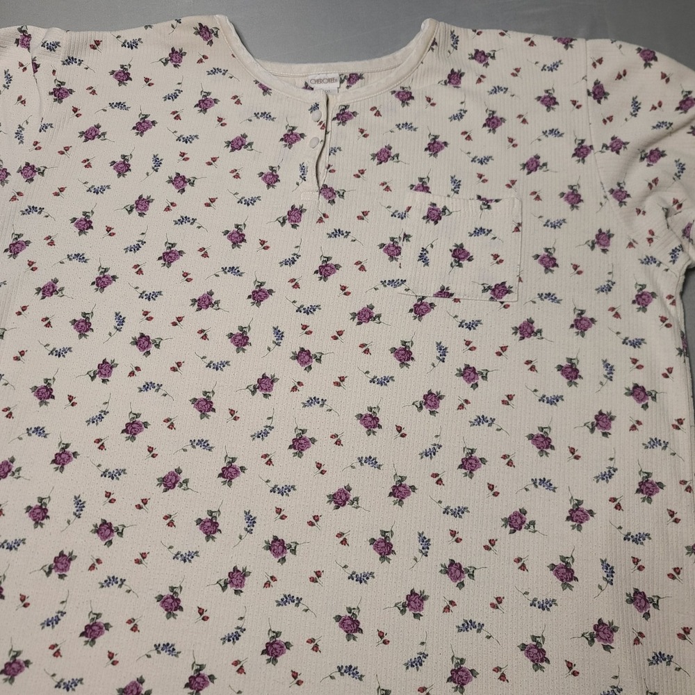 Cherokee Nightgown Women XXXL Cream Floral Waffle Knit Henley Long Sleeve Sleep